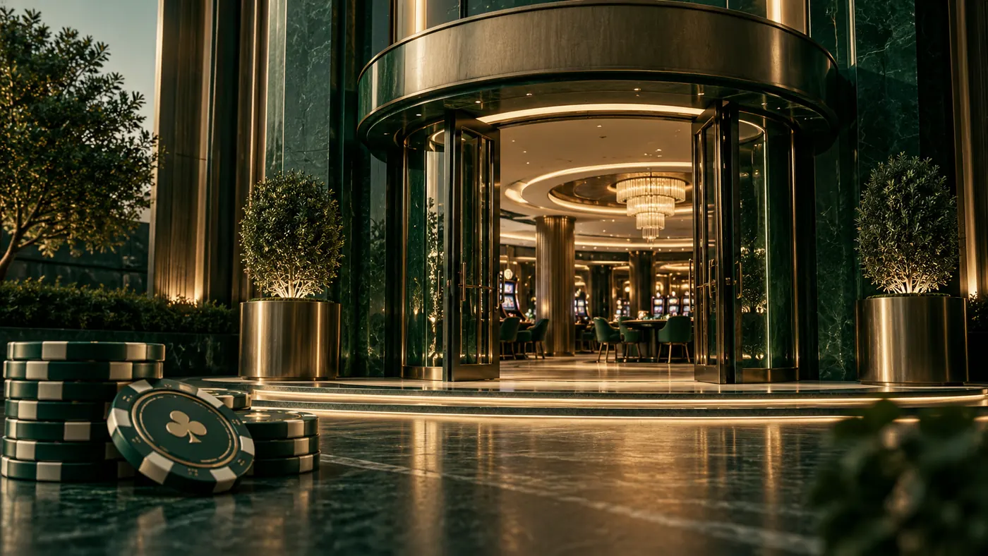 entrada de un casino online iluminada, chips en primer plano