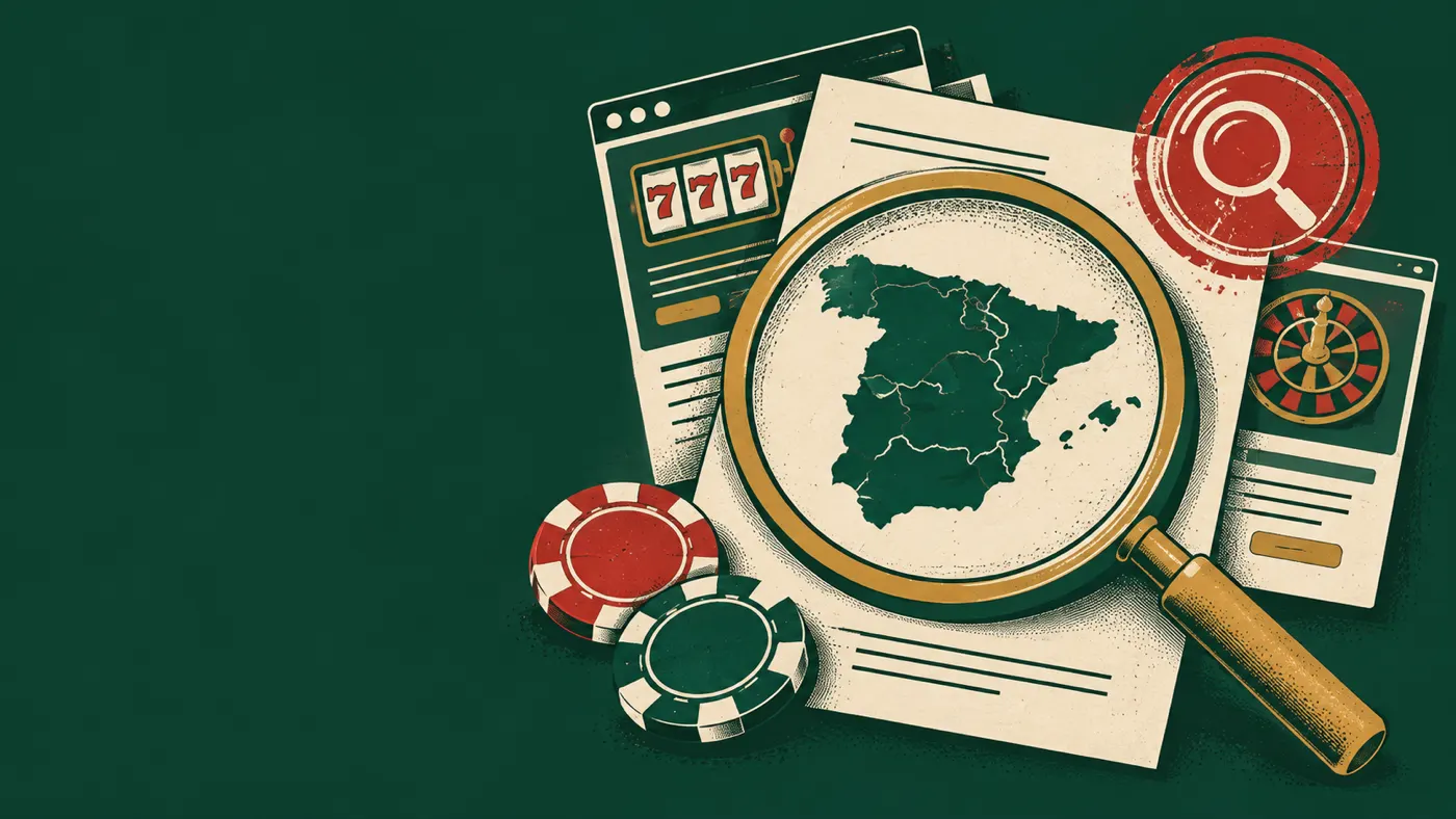 lupa sobre el mapa de España junto a slots y ruleta online