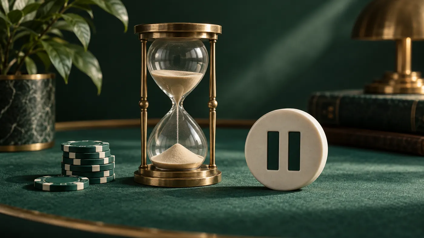 reloj de arena y símbolo de pausa junto a fichas de casino