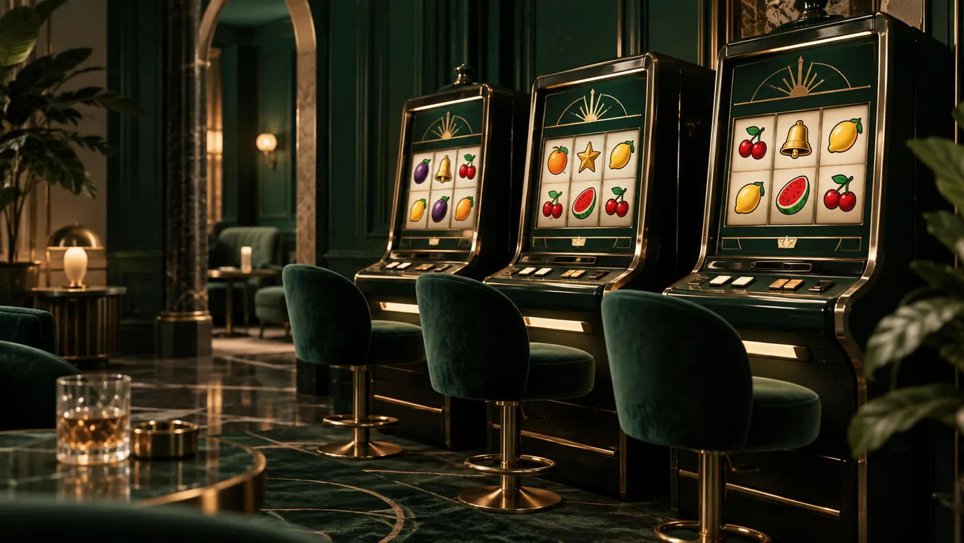 tragaperras en un salón de casino con sillas de terciopelo