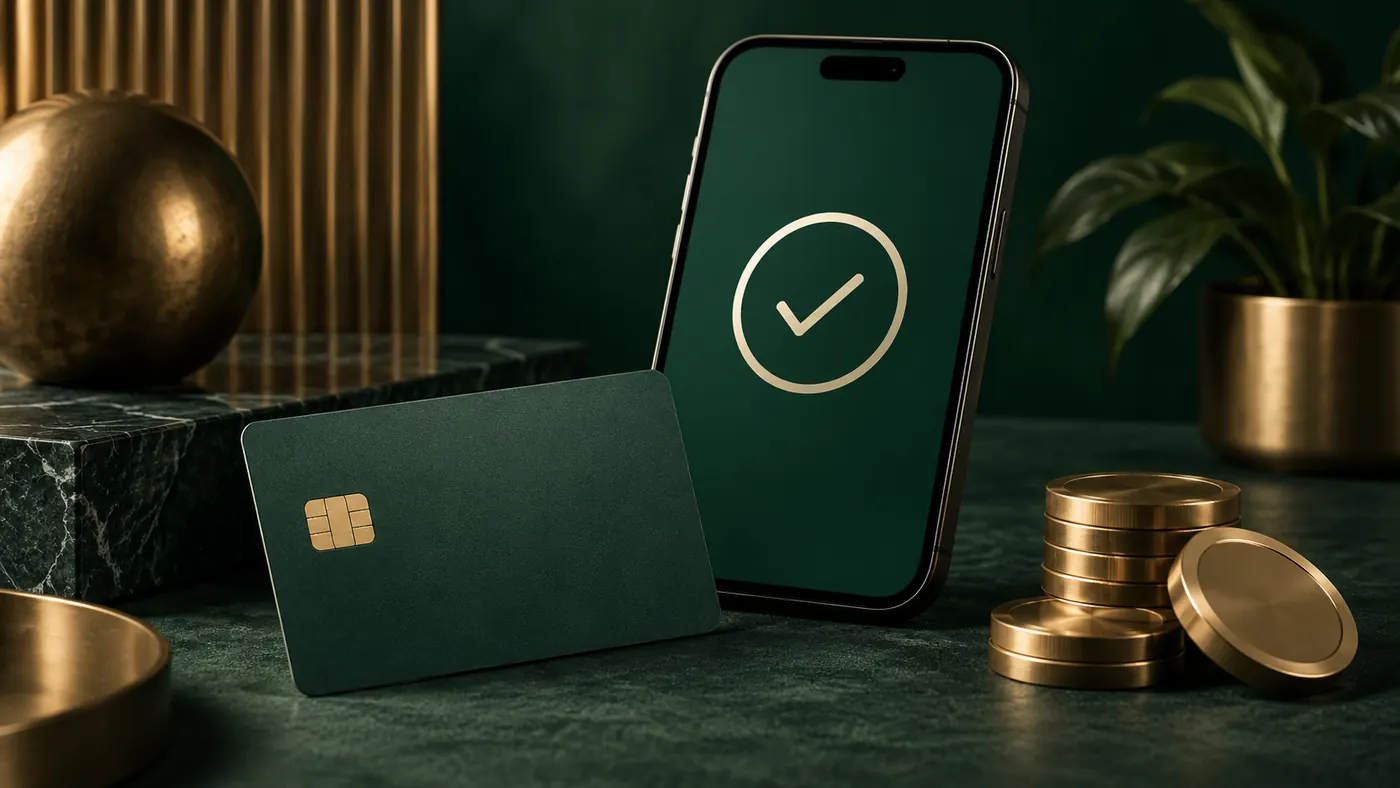 móvil con verificación correcta, tarjeta y monedas sobre mesa